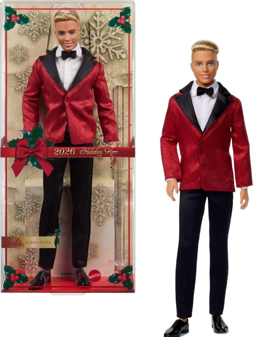 Holiday Collectible Ken Doll 2026 - Blonde Fashion Doll in Red Suit & Stand